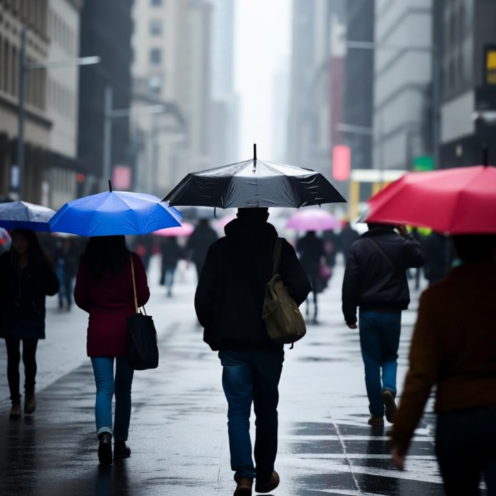 Pedestrians walking with colorful umbrellas on a rainy city street