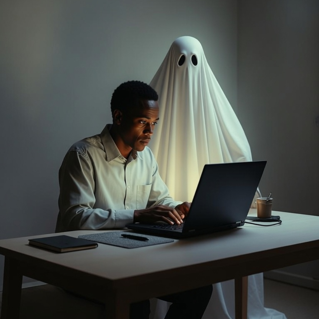 Man working on a laptop at a desk with a ghost figure looming behind him