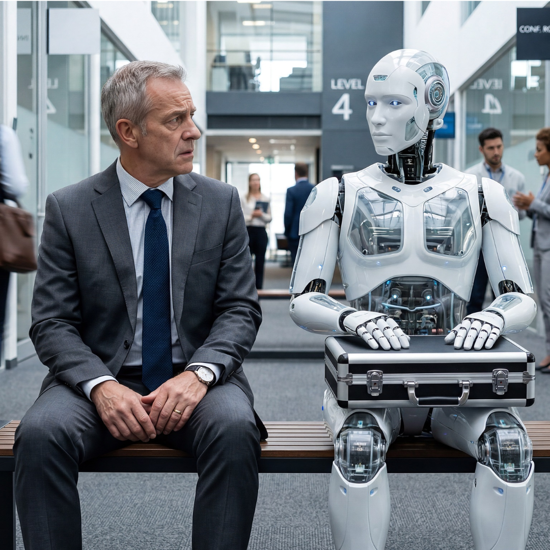 A businessman in a suit sitting beside a humanoid robot holding a briefcase in a corporate office lobby, illustrating AI in the workplace