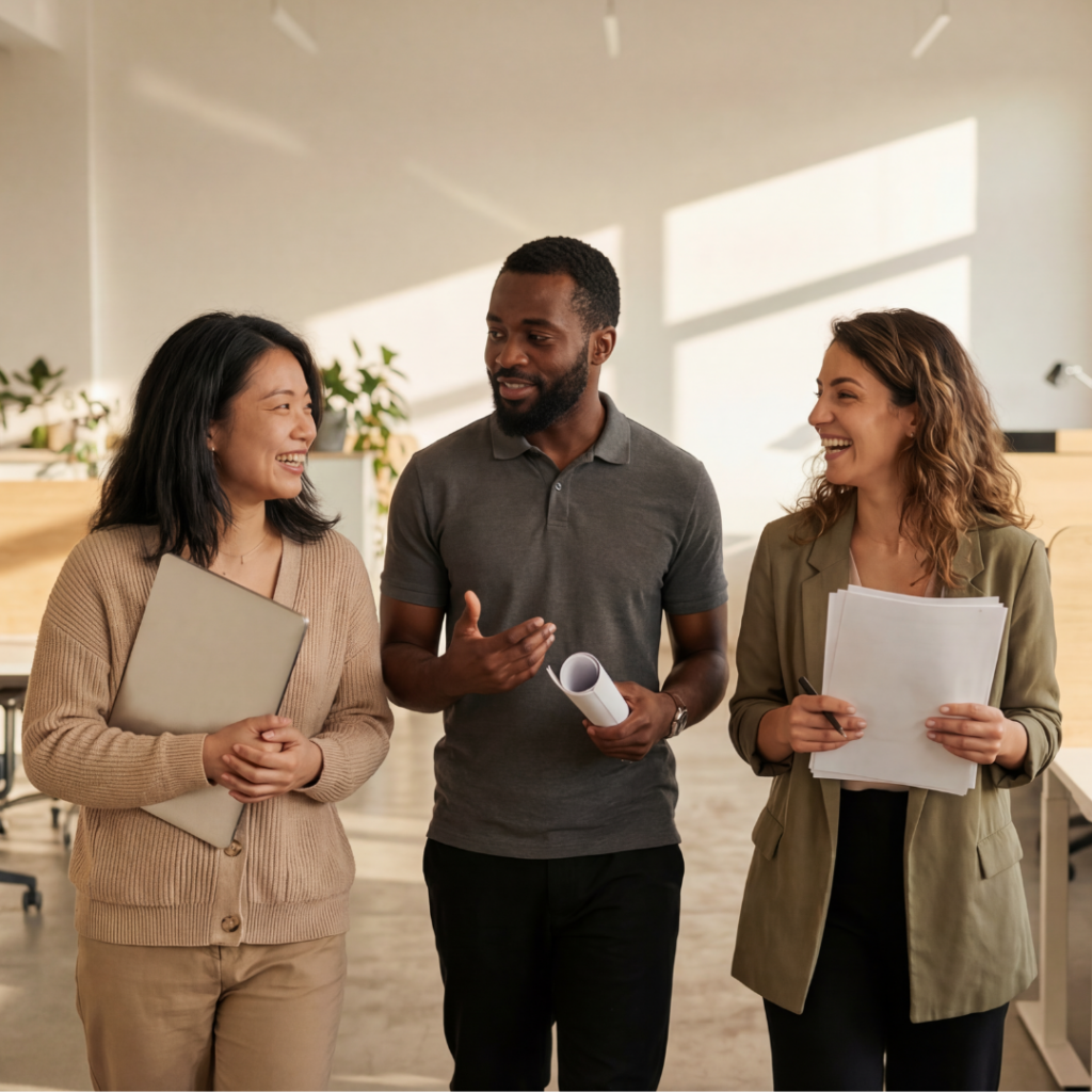 Three smiling coworkers having a conversation while walking through a bright modern office