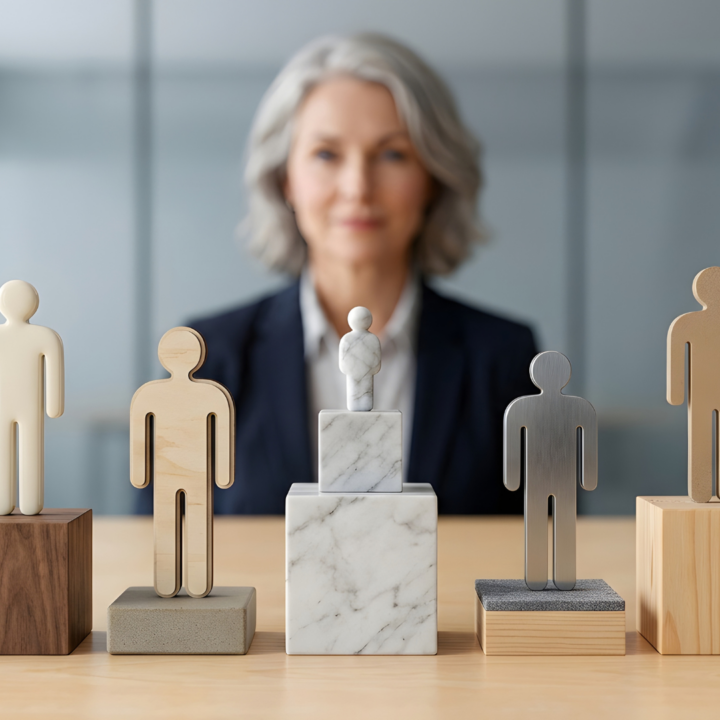 HR professional or executive with various material figurines on pedestals representing candidate selection or talent evaluation