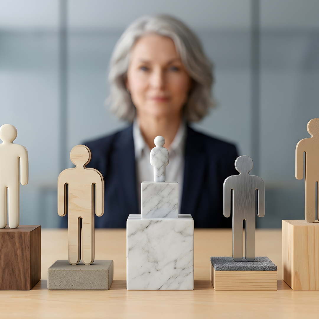 HR professional or executive with various material figurines on pedestals representing candidate selection or talent evaluation