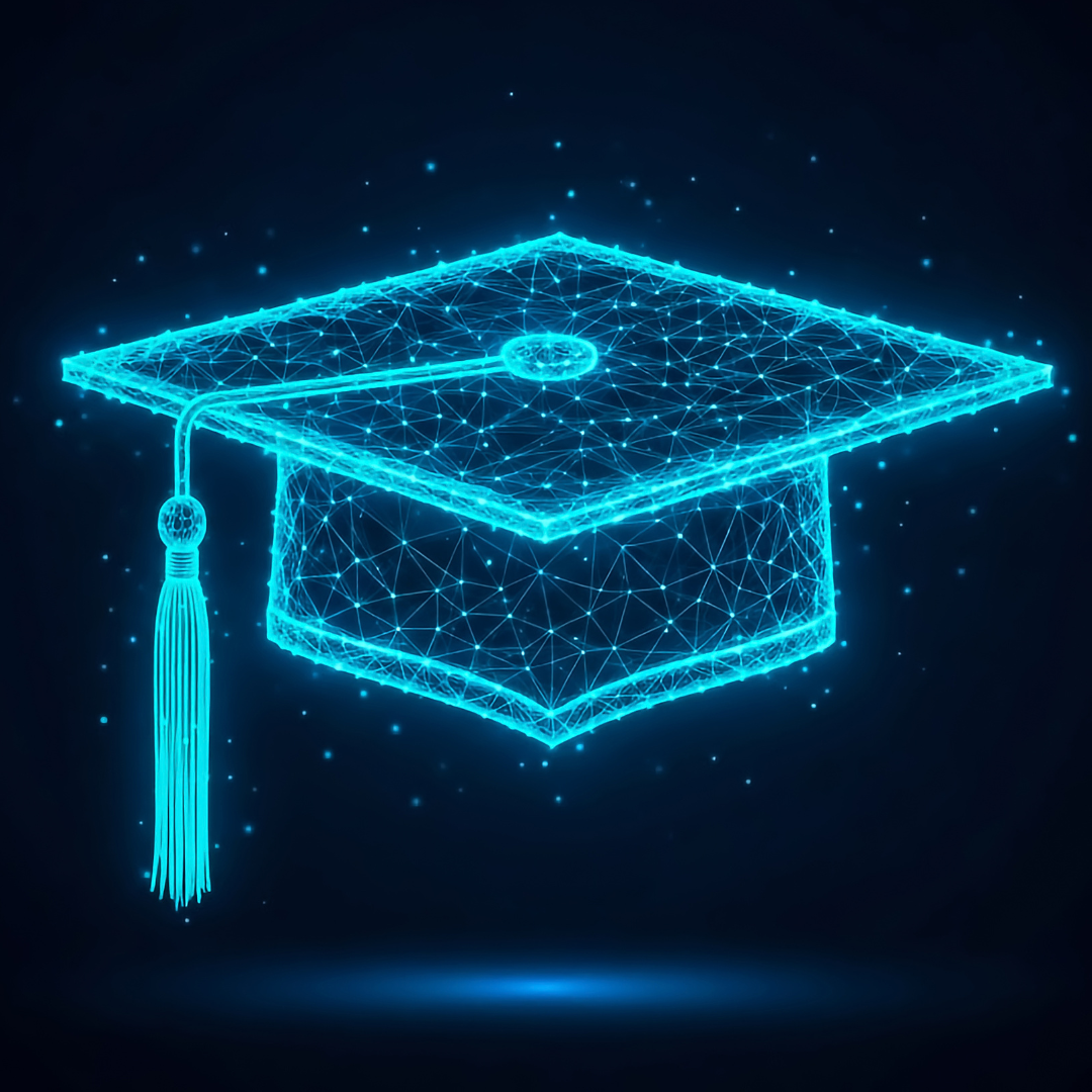 Glowing blue digital graduation cap made of geometric network lines and nodes against a dark background