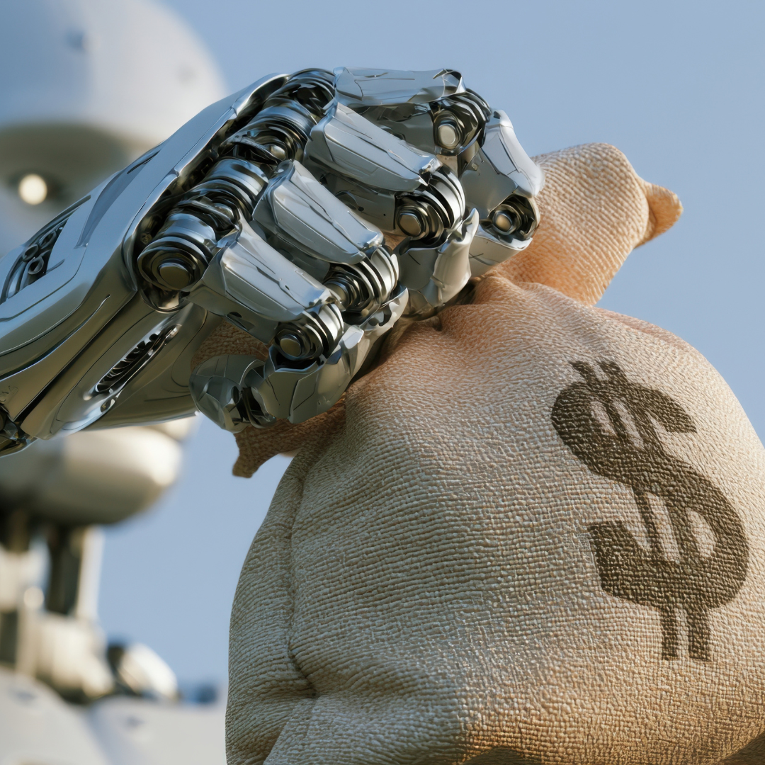 Robotic metal hand gripping a burlap money bag with a dollar sign