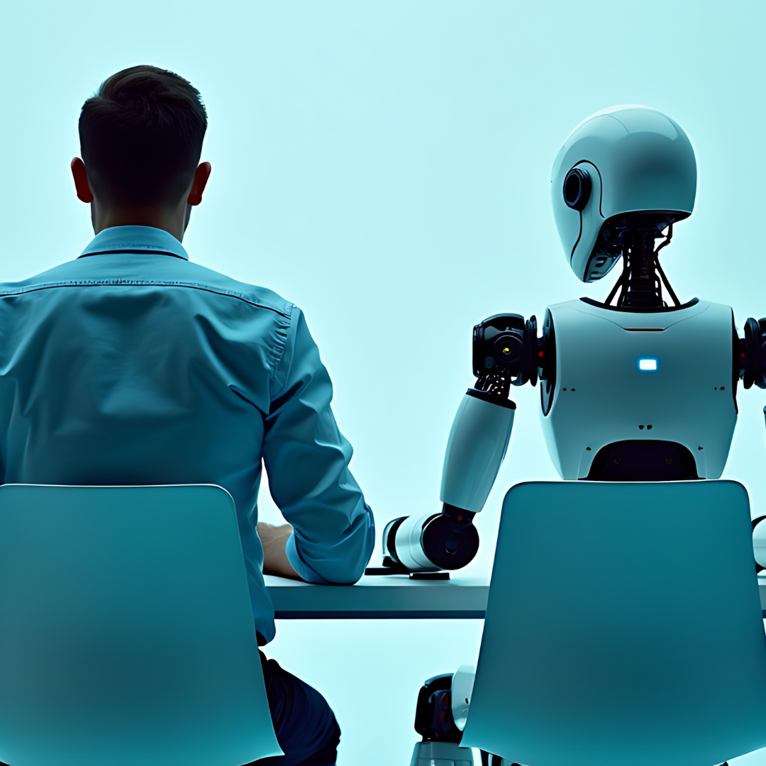 Man and a humanoid robot sitting side by side at a table against a light blue background, representing human-AI collaboration in the workplace