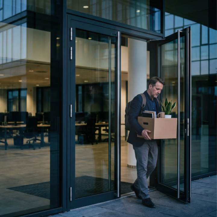 Man carrying a cardboard box of personal belongings while exiting an office building, suggesting a layoff or job loss