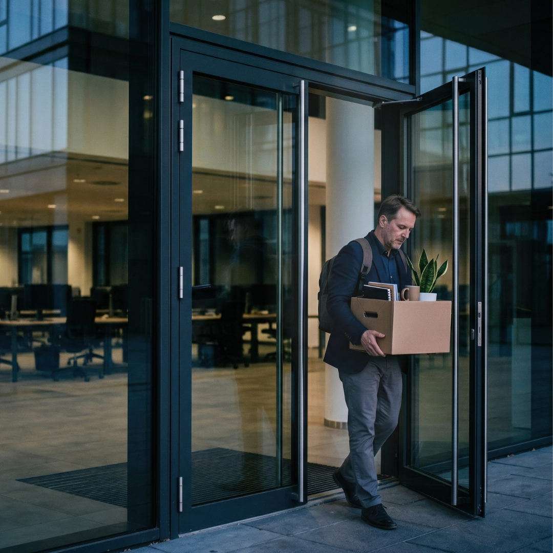 Man carrying a cardboard box of personal belongings while exiting an office building, suggesting a layoff or job loss
