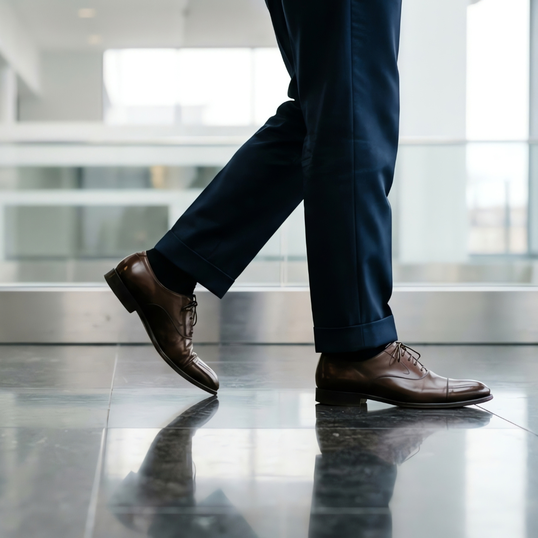 Close-up of a businessman's legs in a navy suit and brown leather dress shoes walking across a reflective marble office floor