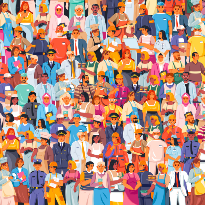 Colorful illustration of a diverse crowd of workers representing many professions including doctors, construction workers, pilots, chefs, and police officers