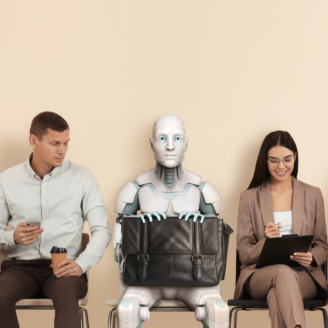 A humanoid robot holding a briefcase sits between two human job candidates in a waiting room
