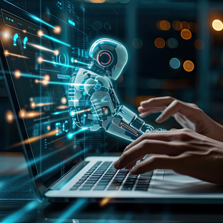 Glowing AI robot hologram emerging from a laptop screen alongside human hands typing, representing artificial intelligence and human collaboration