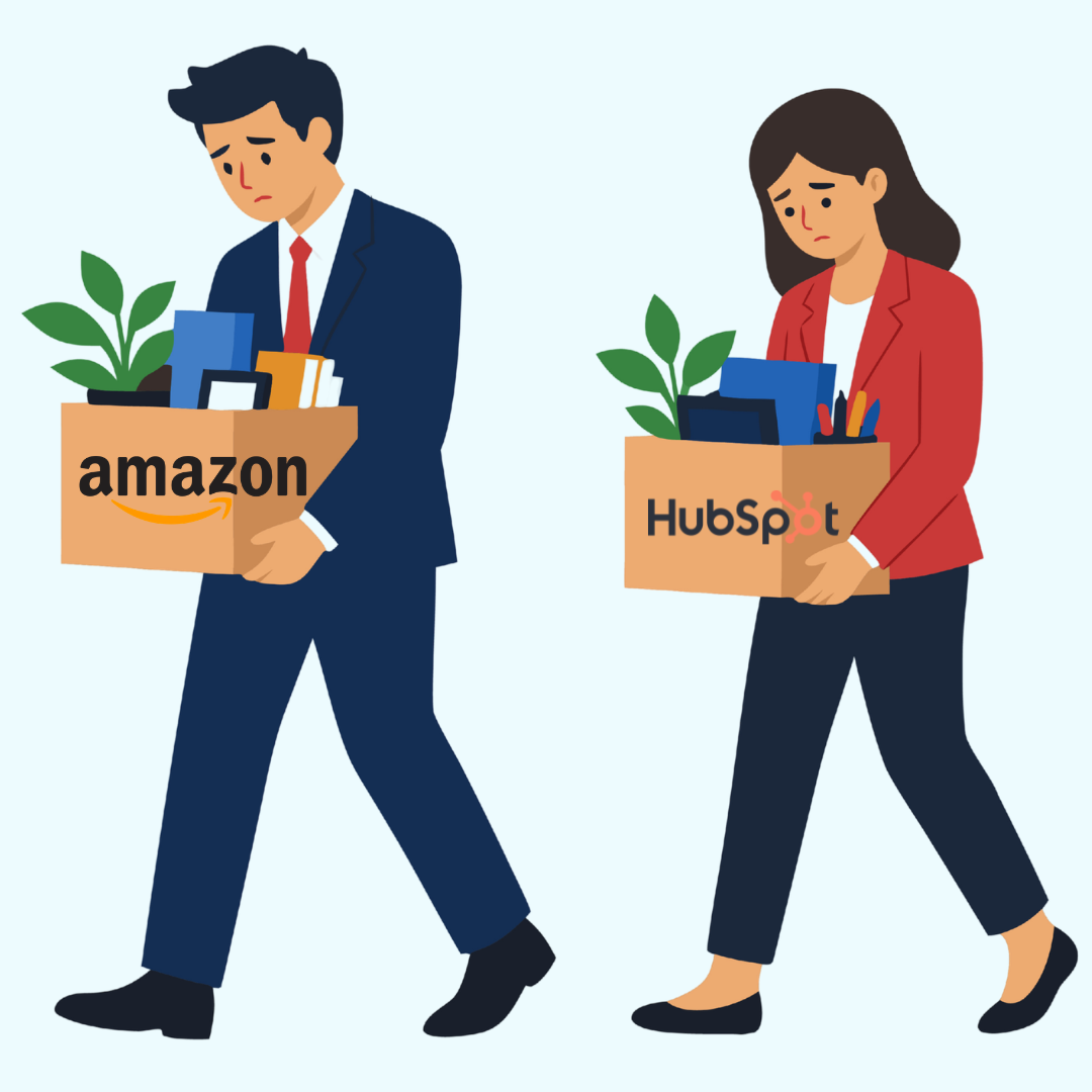 Illustration of two laid-off employees carrying boxes of belongings from Amazon and HubSpot after a job layoff