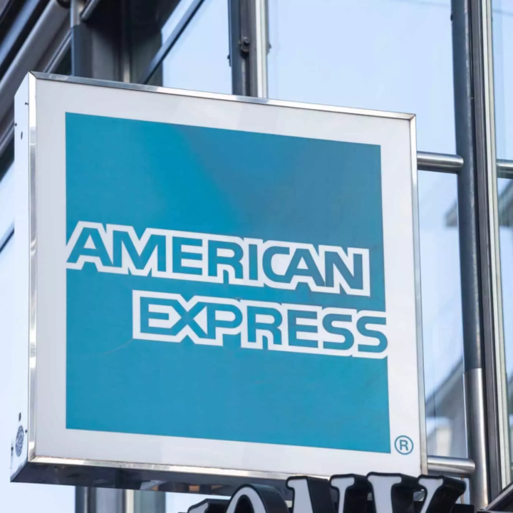 American Express logo sign on the exterior of a commercial building