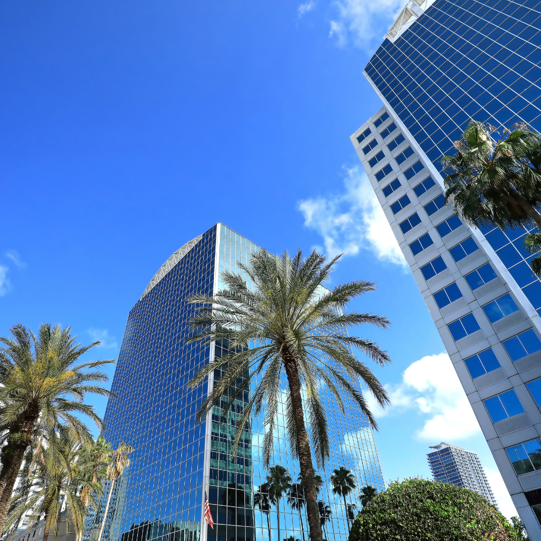 Looking up at the downtown Orlando skyline, steps away from Lake Eola in downtown Orlando, Florida, USA