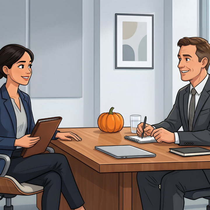 Business professionals having a job interview in a modern office with a seasonal pumpkin on desk