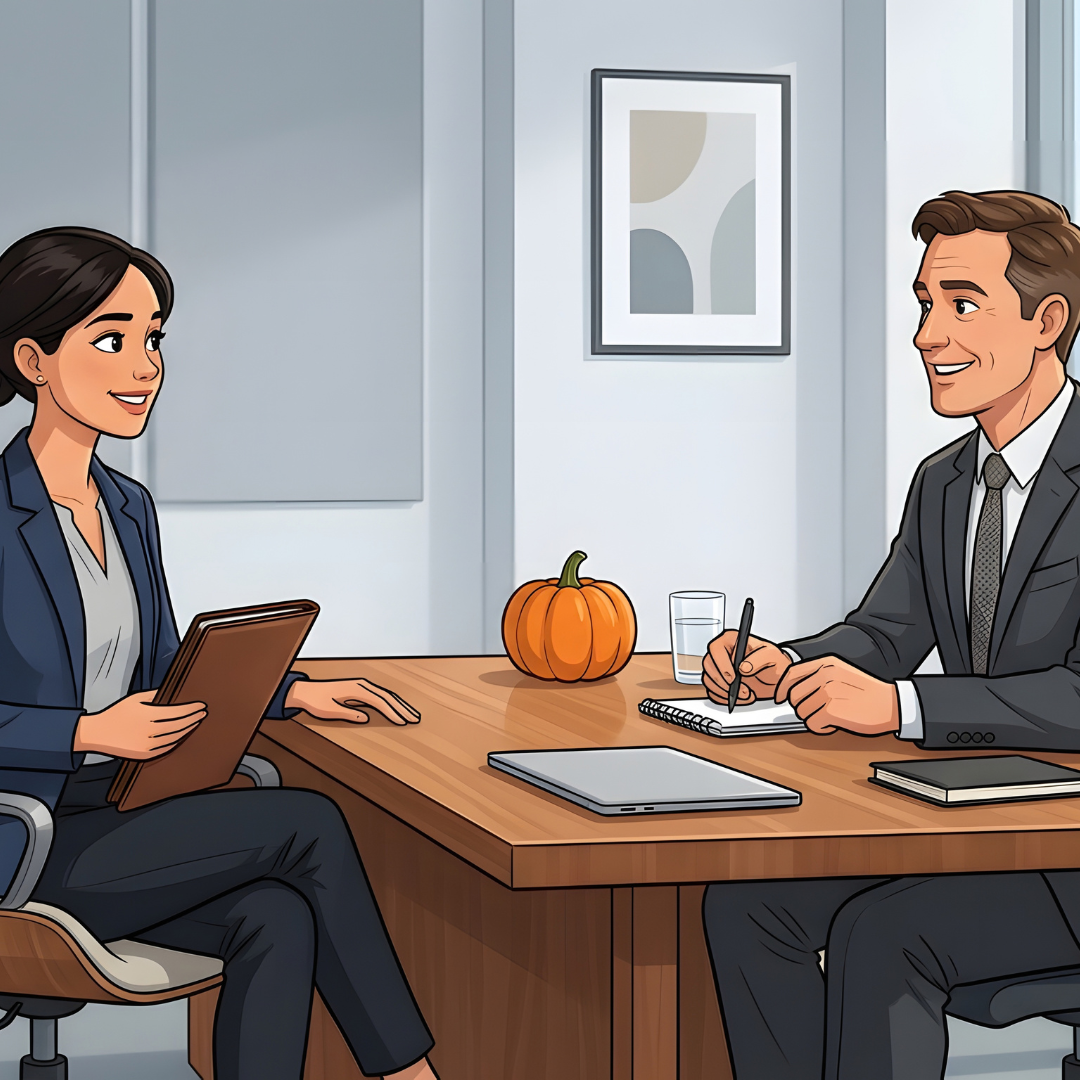 Business professionals having a job interview in a modern office with a seasonal pumpkin on desk