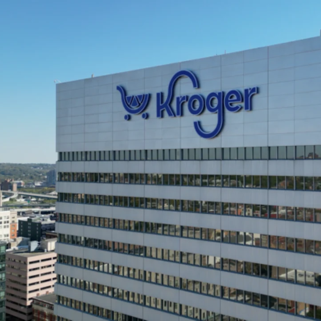 Kroger corporate headquarters building with the Kroger logo on the exterior facade