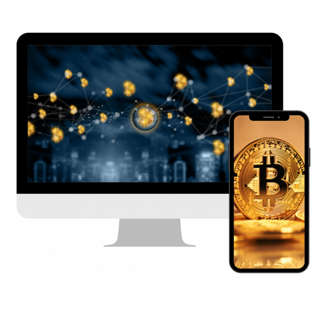 Computer and phone with image of a bitcoin Computer and phone with image of a bitcoin